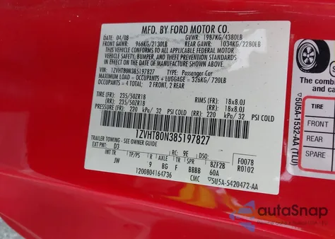 2008 Ford Mustang V6 Deluxe/V6 Premium из США, поврежденный, VIN 1ZVHT80N385197827